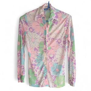 Vintage 70s Bernie Bee pastel floral print buttons down shirt size XS
